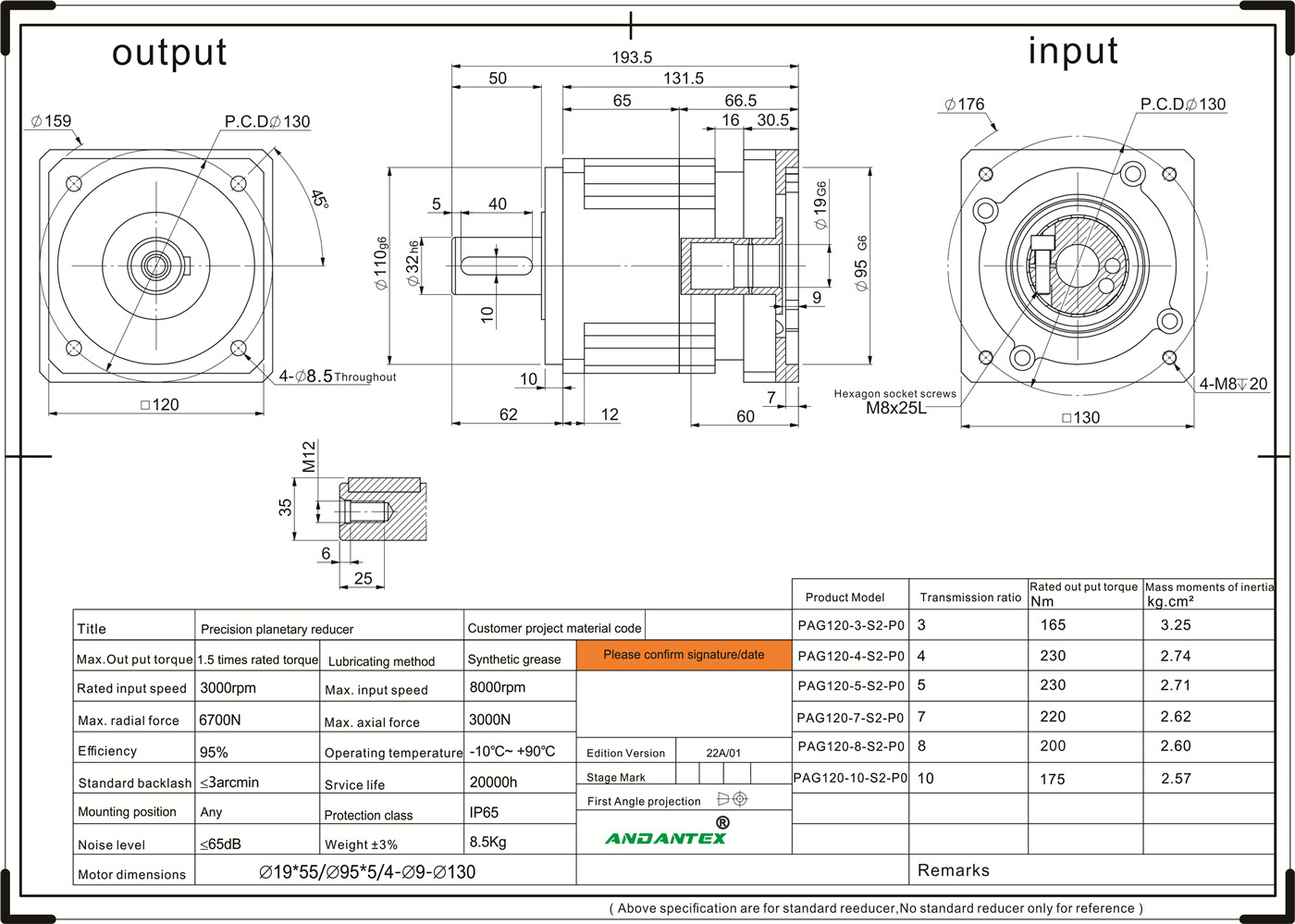 ANDANTEX PAG120-10-S2-P0 印刷機器用途の高精度ヘリカルギアシリーズ遊星ギアボックス01
