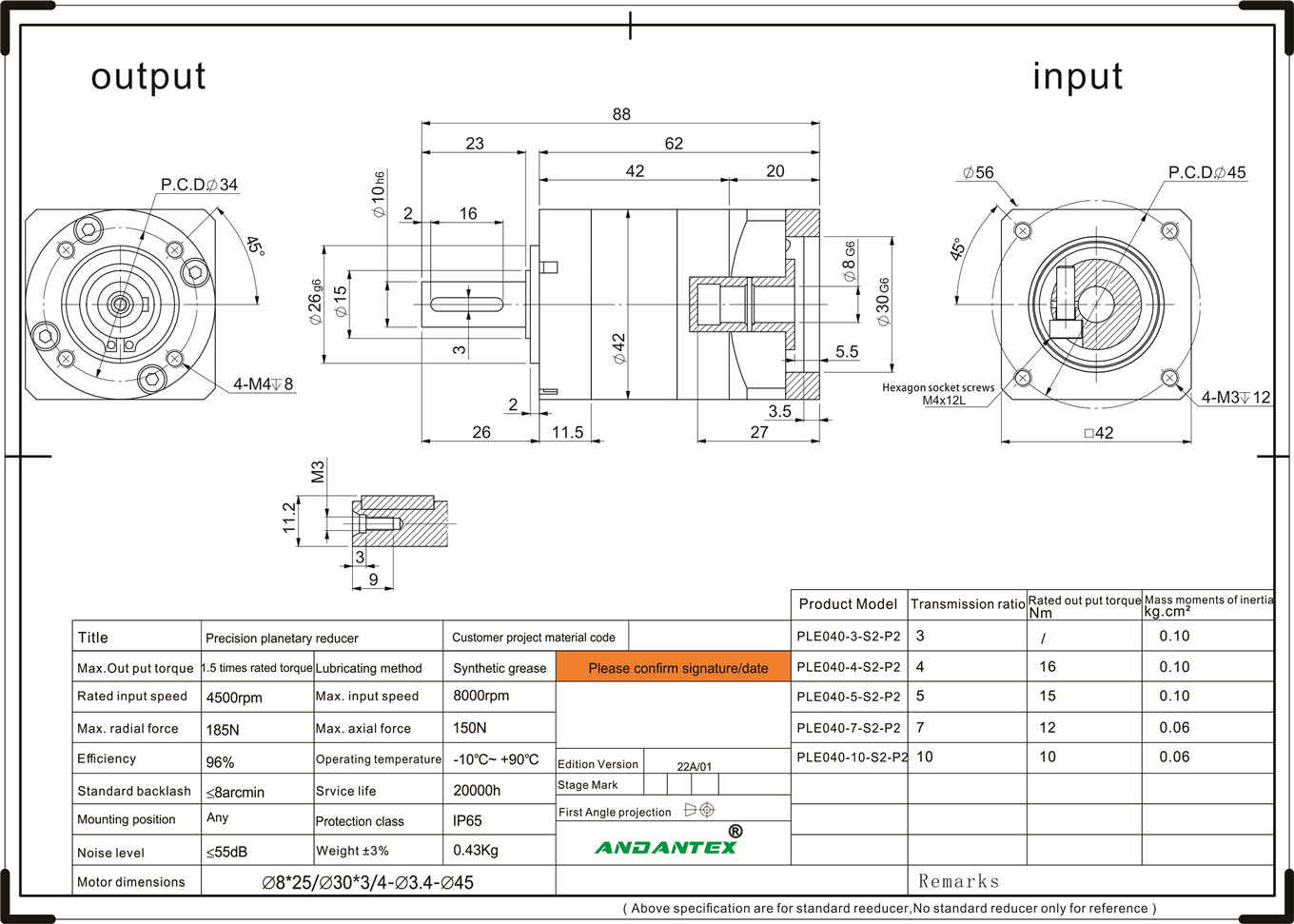 Andantex ple040-7-s2-p2 riduttori planetari di serie standard per applicazioni in l'industria elettronica-01