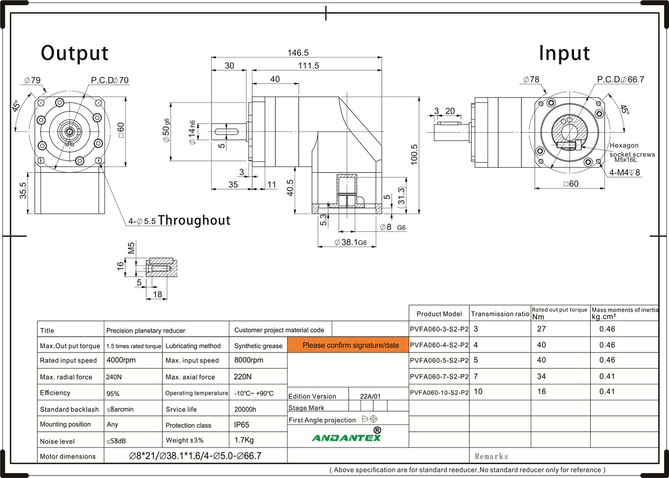 Andantex pvfa060-10-s2-p2 standard series planetary gearboxes for pharmaceutical machinery equipment applications-01