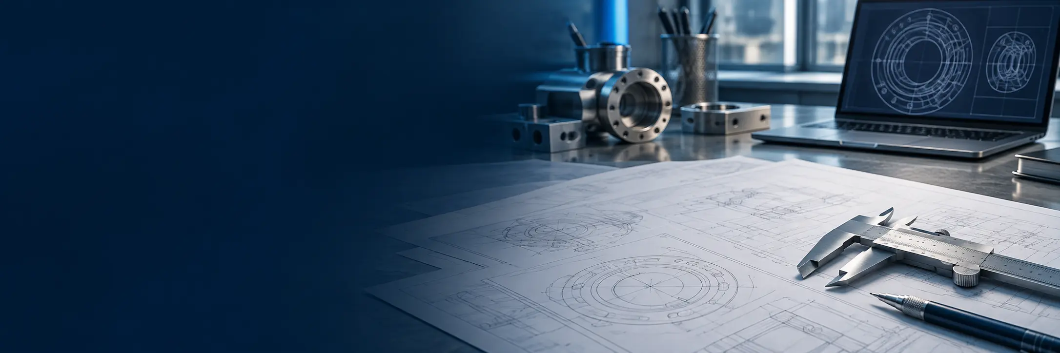 Engineering desk with illustrative drawings, Not a product engineering drawing
