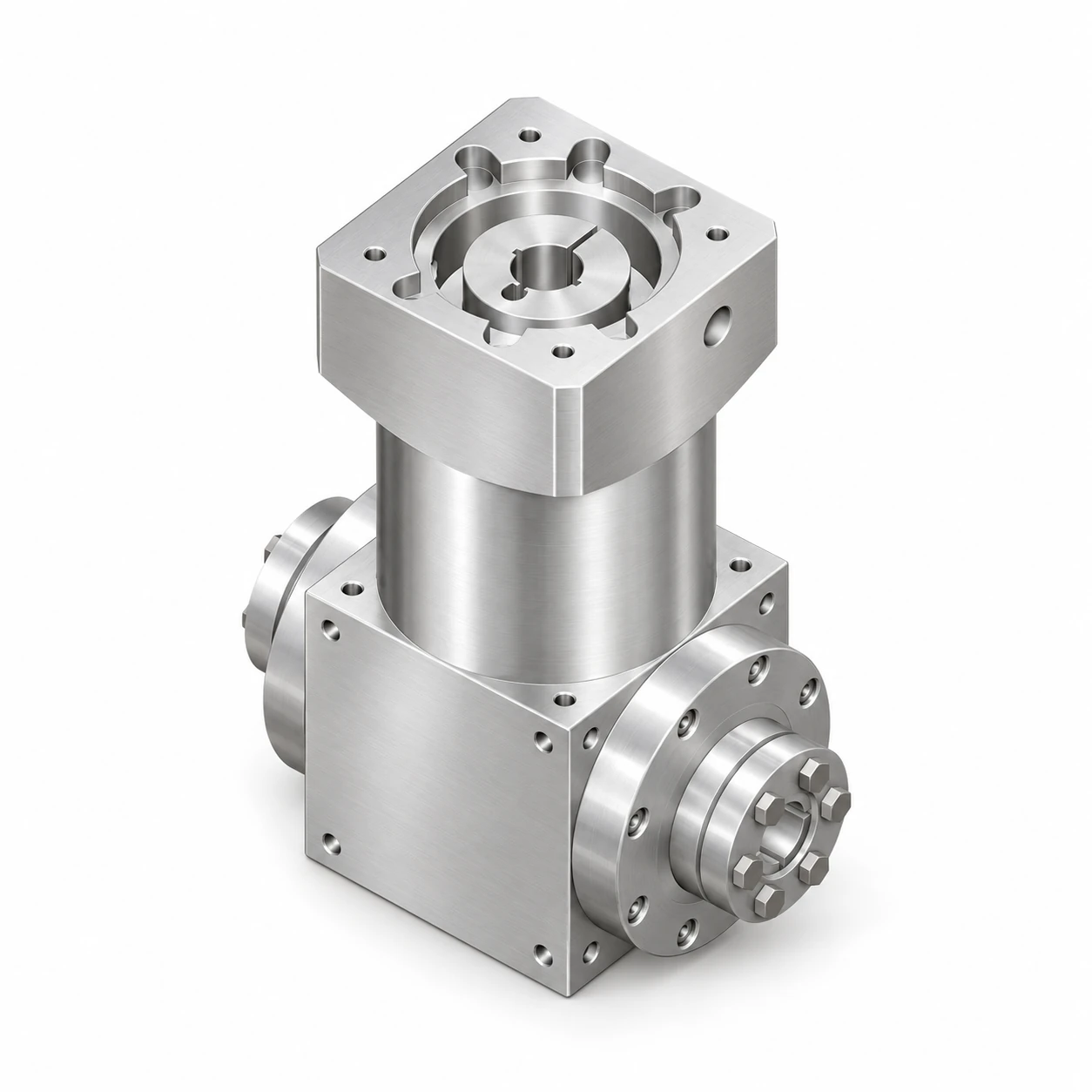 ANDANTEX AT090-FC right-angle gearbox with coupling-bore input and double-bore output with locking rings, 3D rendering