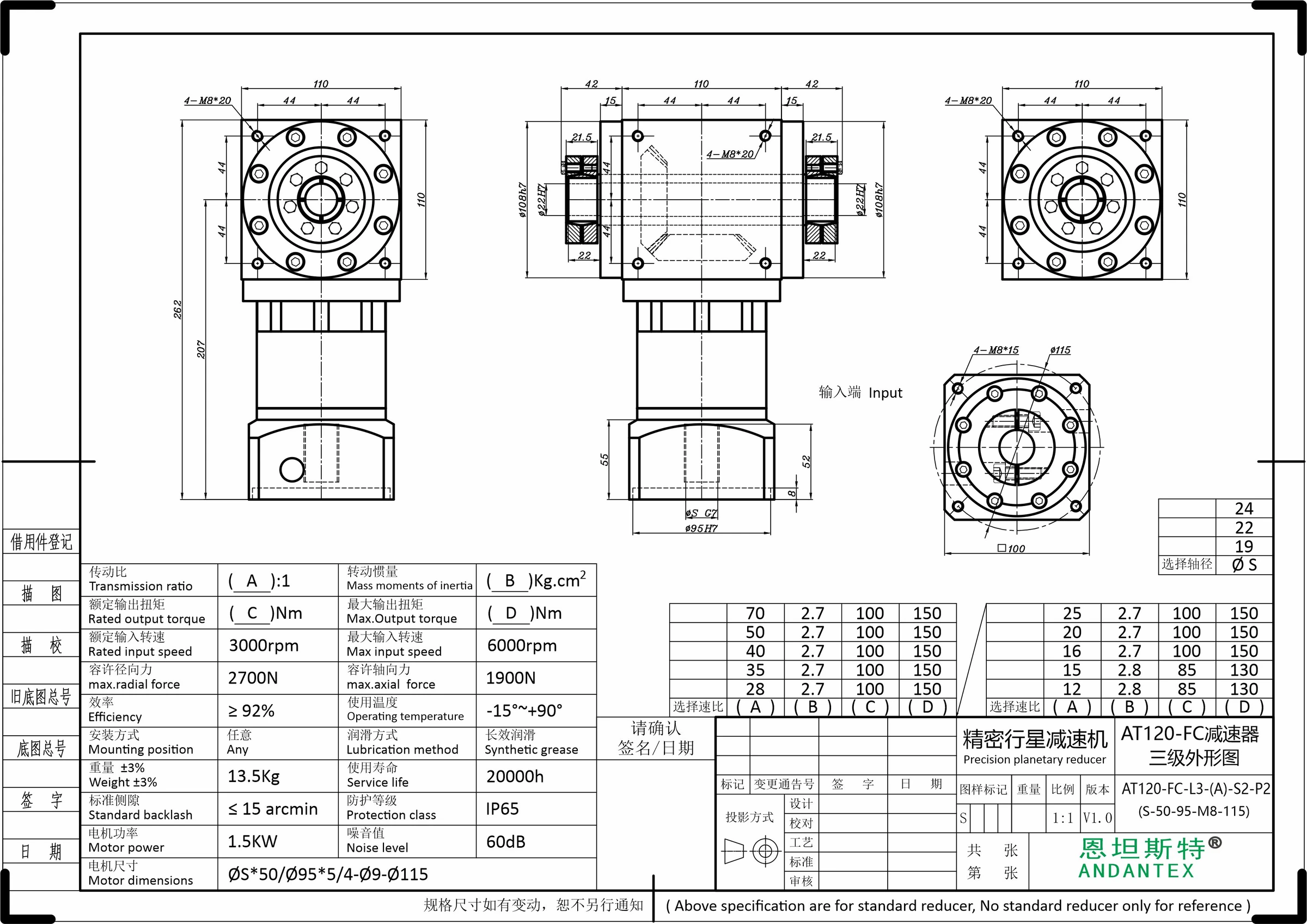 ANDANTEX AT120-FC dimension drawing, coupling-bore input and double-bore output with locking rings