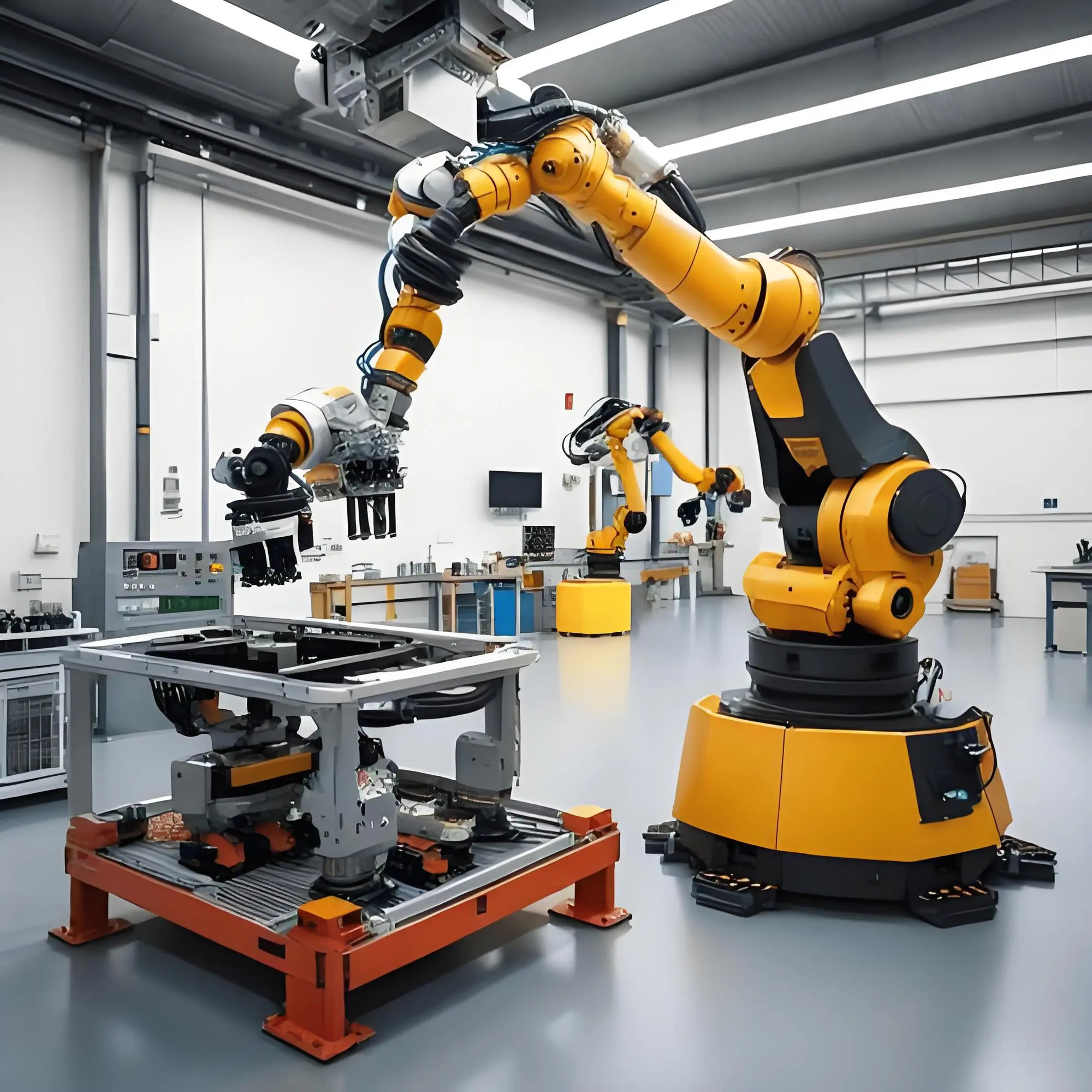 Yellow articulated industrial robot arms working around an assembly fixture