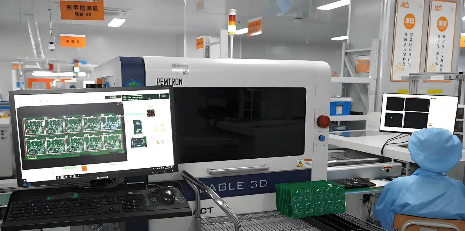PCB optical inspection equipment with circuit board images on a monitor and an operator at the workstation