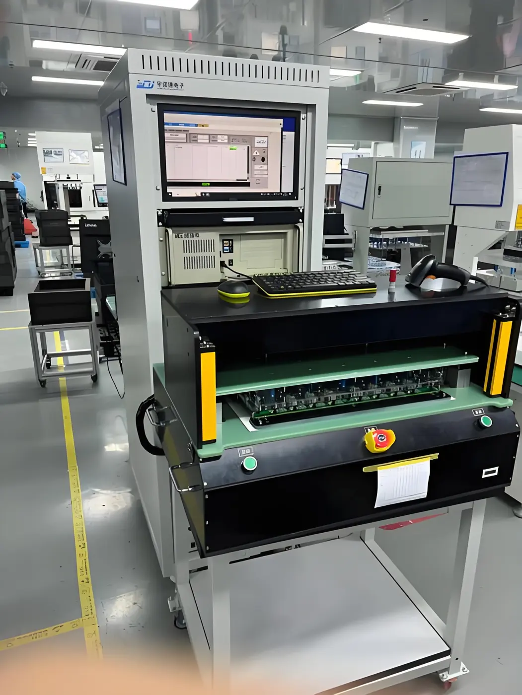 Product inspection test station with a control monitor, safety light curtains and fixture area